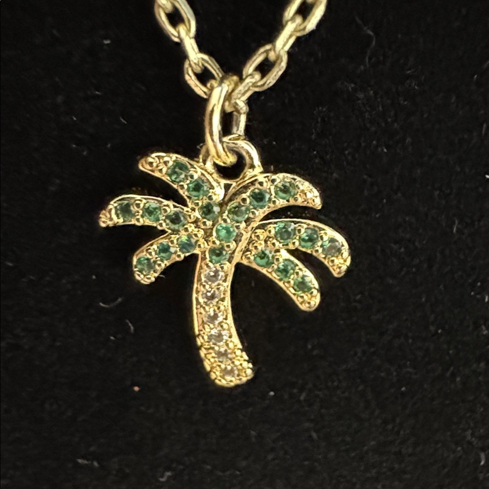 Delicate Palm Tree Necklace Green and Clear Stones, Gold Plated EUC